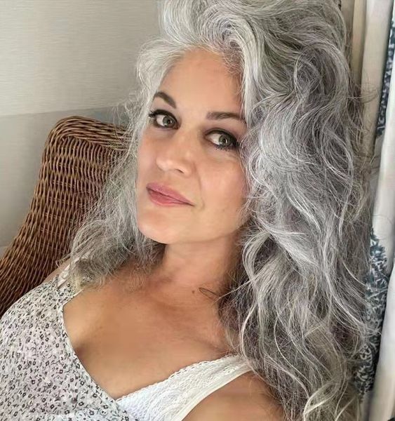 

long gray wavy pony tail hair piece silver grey ponytail human hair extension clip in drawstring wraps salt and pepper natural highlighs 120, Black