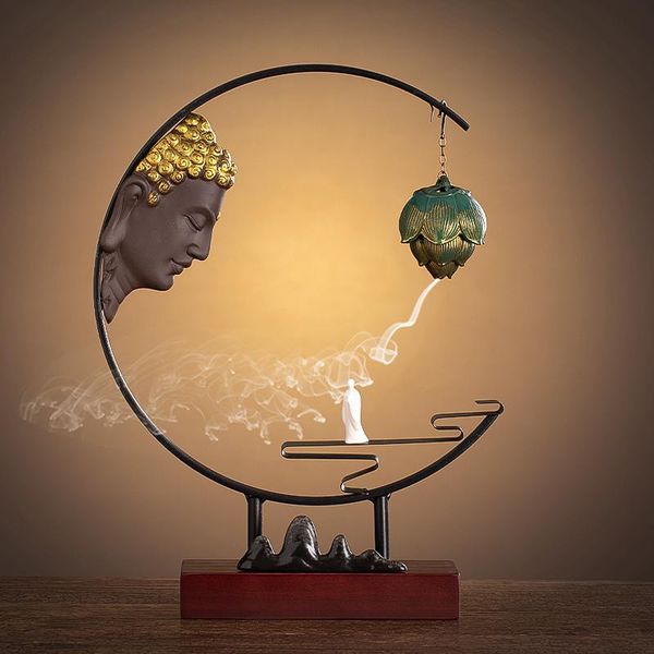 

home incense burner buddha hanging lotus backflow holder zisha zen smoke waterfall quemador incienso decor ef50xl fragrance lamps