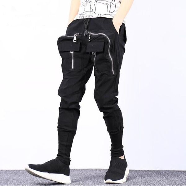 

autumn men's personality trend comfortable multi pocket pants loose casual harem plus size stage hip-hop costumes, Black