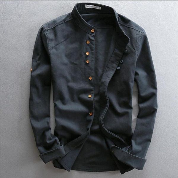 

men's casual shirts mandarin collar spring full sleeves cotton linen shirt men white black khaki chinese summer