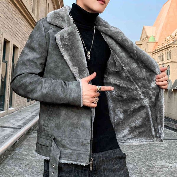 

jacket, fur in one, winter plush and thickening trend, handsome men's casual short leather jacket, Black;brown