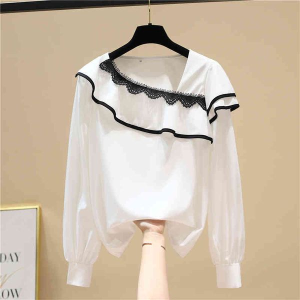 

spring new lace patchwork square collar shirt women ruffled full chiffon blouse 210421, White