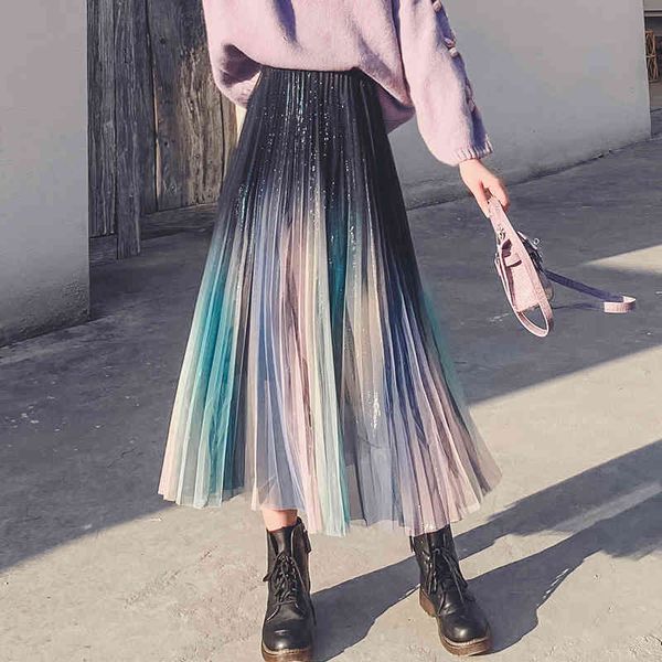 

skirts skirts autumn raiow colorful metallic maxi tulle gradient shine mesh a-line pleated ankle long s rd6e, Black