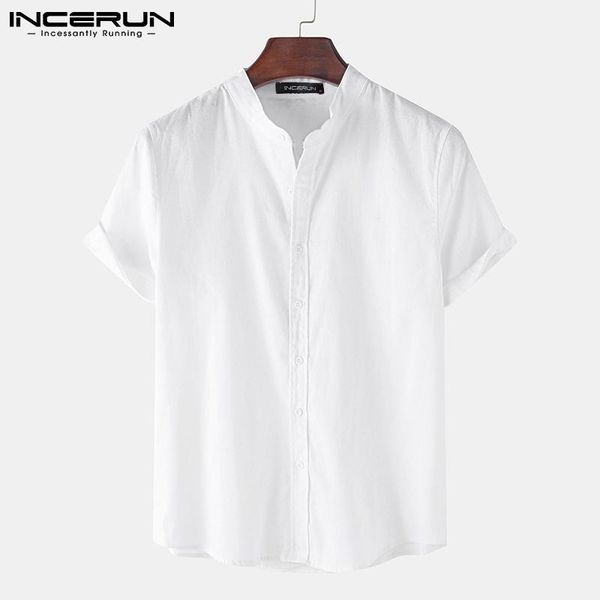 

men's casual shirts 2021 comfortable short sleeve blouse cotton linen leisure stand-neck short-sleeved shirt s-3xl incerun, White;black