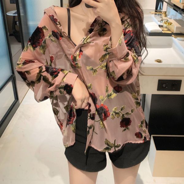 

rose flower pink vintage shirt women's loose transparent feminina button up long sleeve ladies 21h 210420, White