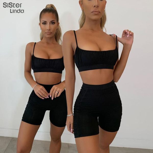 

sisterlinda women summer two piece set sport crop ruched spaghetti strap pants biker shorts casual black sleeveless workouts va2o, Black;white