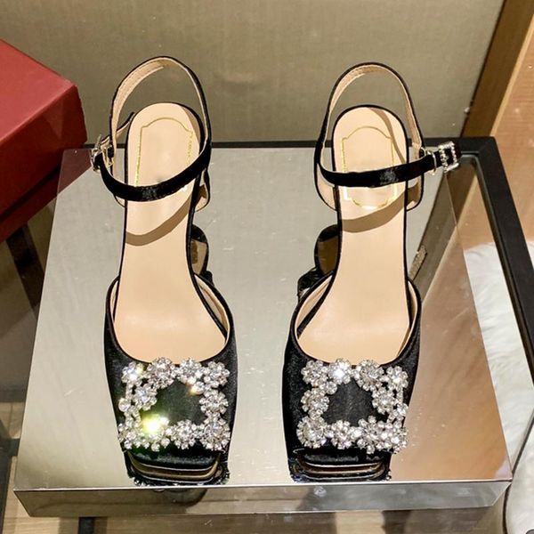 

dress shoes women's peep toe high heels 2021 fashion square head luxury rhinestone buckle fish mouth sandals female, Black