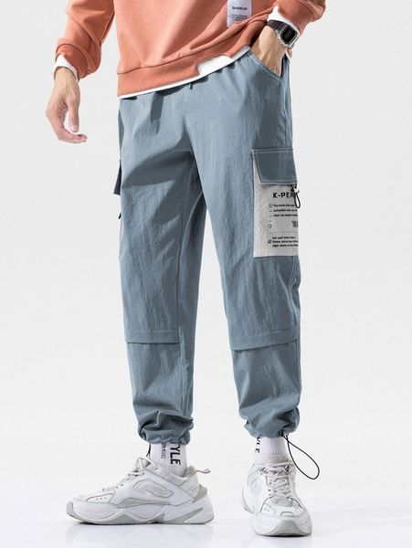 

men letter graphic flap pocket side drawstring hem pants s5vi#, Black