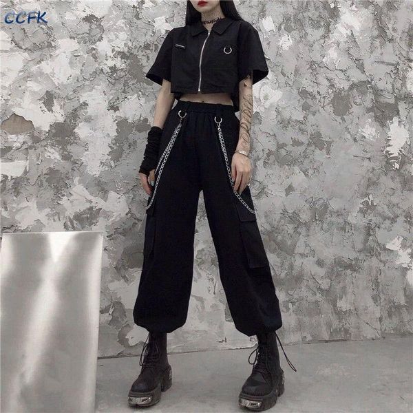 

women's pants & capris gothic cargo sets female summer short-sleeved shirt high waist joggers trousers punk hip hop overalls two-piece, Black;white