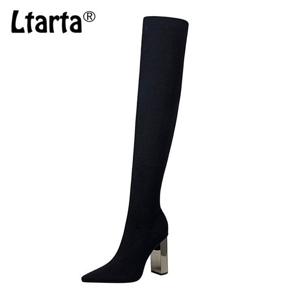 

ltarta woman long boots knee high square metal heel heeled pointy elasticity thin wool . ds 211104, Black