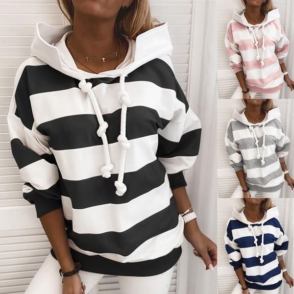 

women's hoodies & sweatshirts 2021 autumn casual wide stripe women sweatshirt long sleeve hooded drawstring tie pullover ladies loose t, Black
