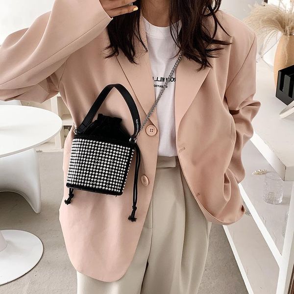 

evening bags textured women's small 2021 summer trendy fashion rivet rhinestone single shoulder bag chain messenger bucket