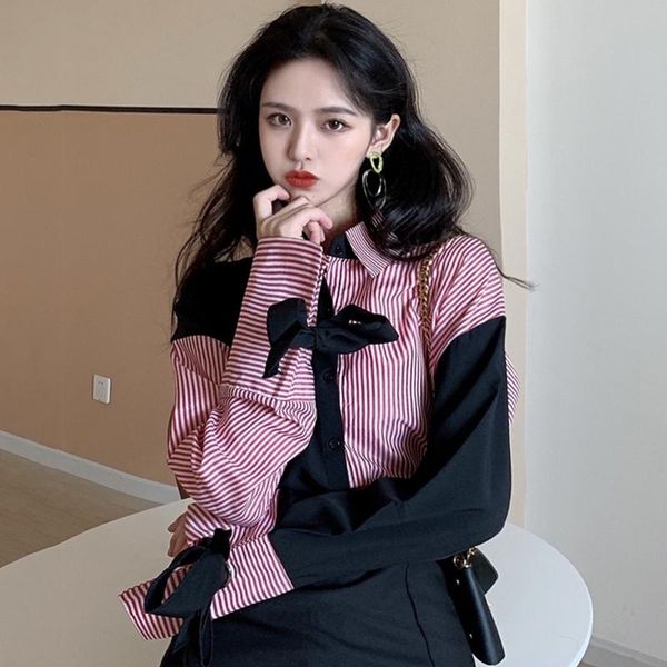 

women's blouses & shirts loose spring autumn striped fashion brand hipster clothing turn-down collar long sleeve, White