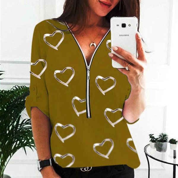 

women casual zip up v-neck blouses shirts fashion heart print loose spring blouse 2021 autumn adjusted long sleeve pullover women's &, White