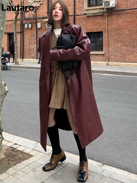 

lautaro autumn long oversized wine red leather trench coat for women long sleeve lapel loose casual stylish korean fashion 210909, Black