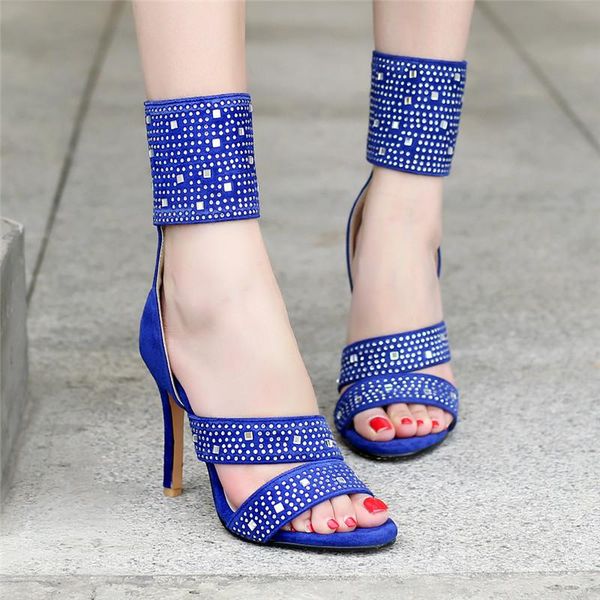 

luxury shoes women summer blue black rhinestone crystal ankle wrap high heel sandals boot large size 45