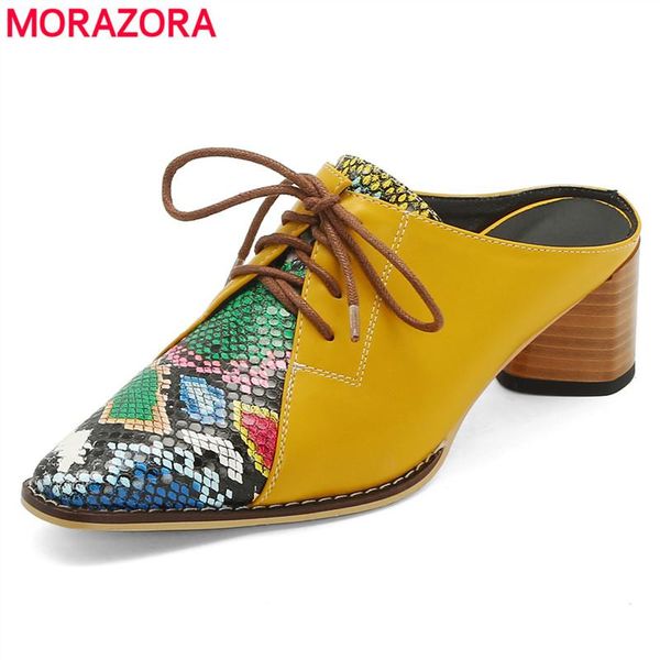 

sandals morazora size 34-42 lace up ladies shoes summer slingback mules woman high heels snake printed women, Black