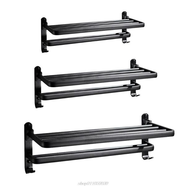 

towel racks space aluminum black rack wall mounted folding holder storage shelf with hook bathroom accessories jy5 21 dropship
