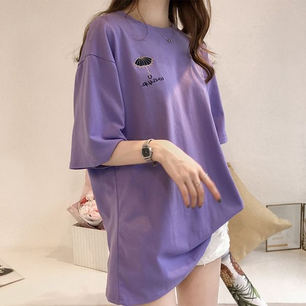 

2020 summer new embroidered short sleeve t-shirt women's net red same dress women's korean version versatile medium length top, White
