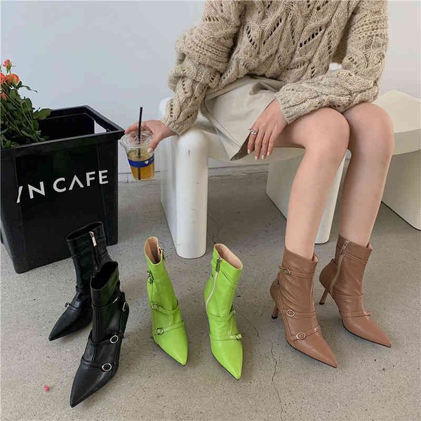 

boots belt buckle thin high heel stretch pu sock women side zip pointed toe ankle shoes botas mujer rog4, Black