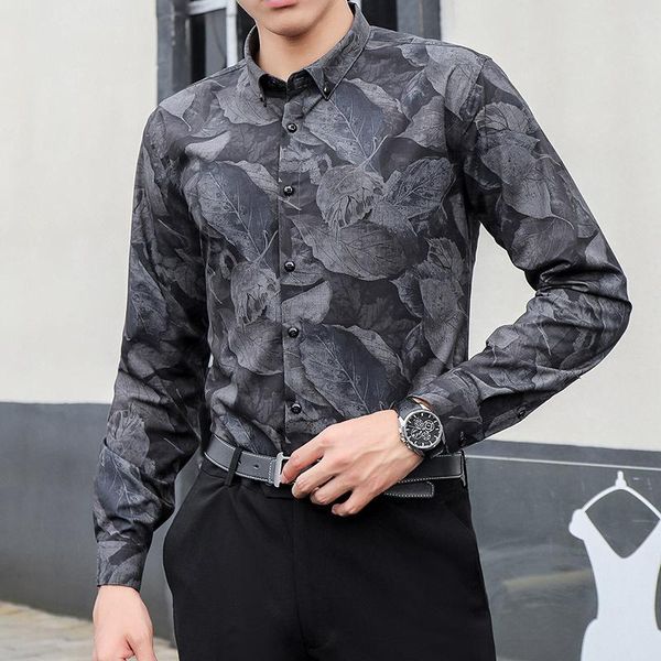 

men's casual shirts men shirt long sleeve thin spring autumn print leaf party club slim fit male dress up blouse, White;black