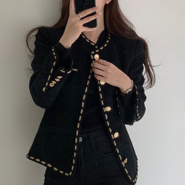 

women's jackets korean chic elegant vintage o-neck trim design single-breasted loose pockets long sleeve tweed female street wear short, Black;brown