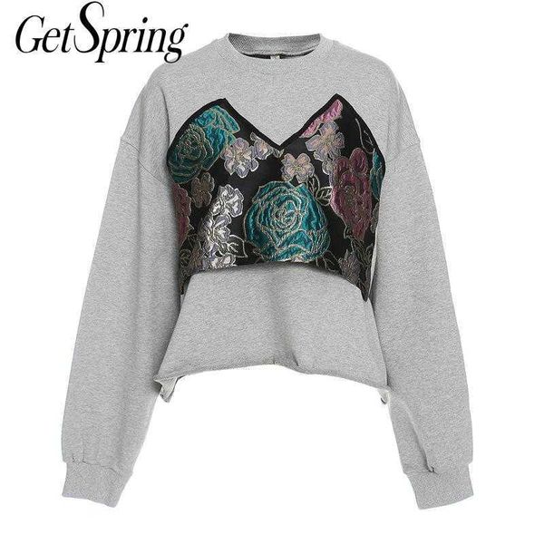 

getspring women hoodie cotton womens sweatshirts pullovers irregular hem rose embossed fake two loose hoodies winter 210601, Black