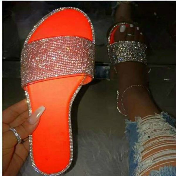 

rhinestone slippers summer sandals womens 2021 new female luxury flat sandalias for women large size 43 sandals ladies slides, Black