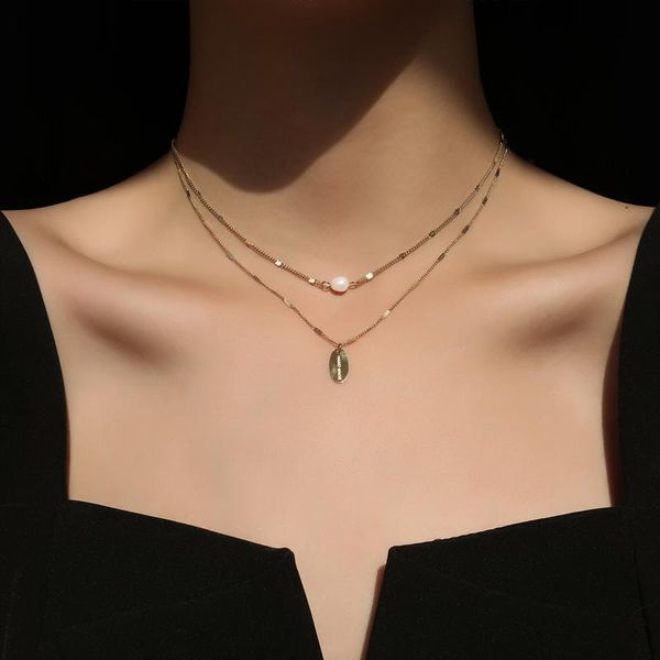 

chains japan korea stainless steel 2021 fashion jewelry 2 layer natural pearl carving charms chain choker necklace for women, Silver