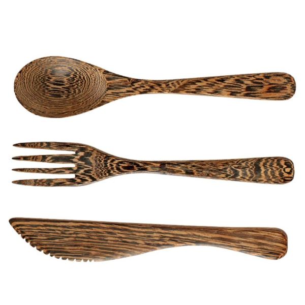 

set 3pcs wooden cutlery kit spoon knives fork healthy tableware bowls