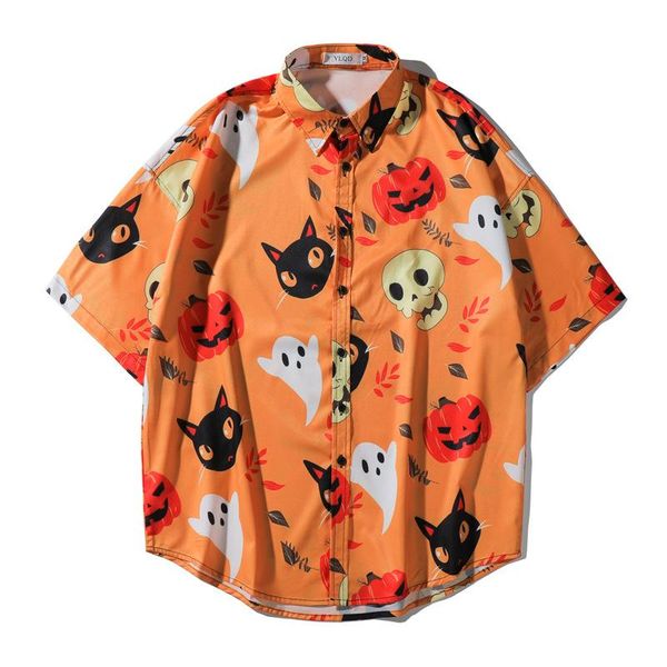 

men's casual shirts korean men vintage shirt summer short sleeve hawaii mens navidad halloween pumpkin print beach man oversized hemd, White;black