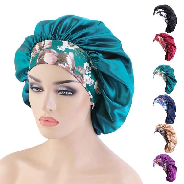 

women satin extra large bonnet sleep cap bohemian floral print elastic wide brim night sleeping hat hair protection slouchy mxmd beanies