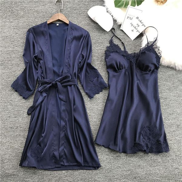 

sleepwears robe sets gown womens solid lace sleep lounge pijama long sleeve ladies nightwear bathrobe night dress set a4, Black;red