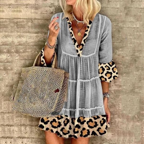

casual dresses 2021 summer women's western style fashion leopard splicing dress v-neck loose flared sleeves, Black;gray