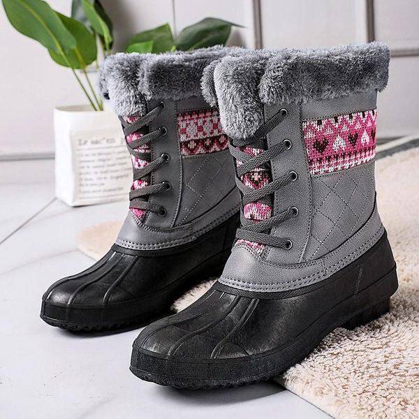 

boots women snow winter laces plus velvet warm duck hunting shoes thick-soled non-slip outdoor sports leisure cotton, Black
