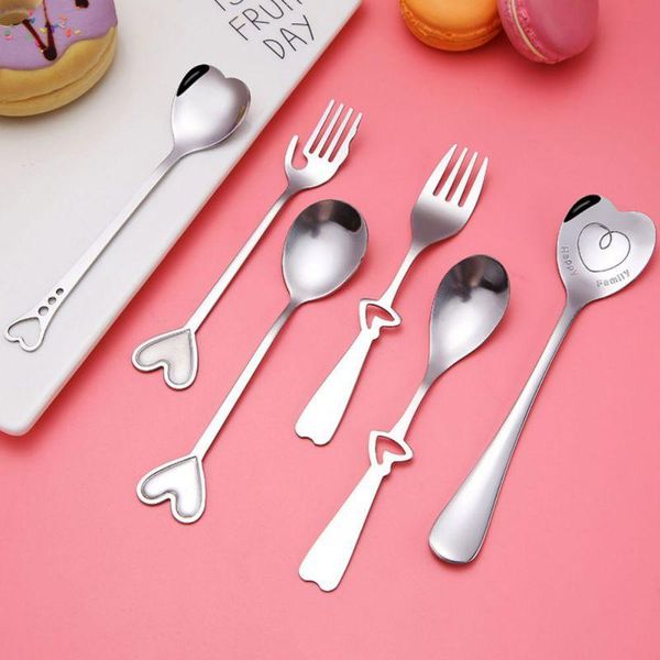 

stainless steel heart shaped fork valentine's day spoon with long handle sugar tea coffee dessert cutlery teaspoon gift 1 spoons