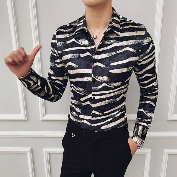 

winter mens shirts luxury velour casual slim fit long sleeve black stripe social club shirt men designer men's, White;black