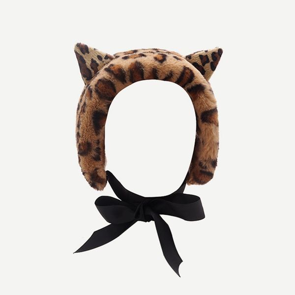 Earmufas de leopardo Feminino outono inverno quente estilo japonês imitação pele pelúcia creativo gato orelhas bowknot acessórios de esthpy
