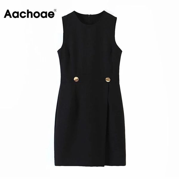 

aachoae summer elegant black dress sleeveless o neck mini dress lady button decorate vintage a line dress vestido de mulher 210413, Black;gray