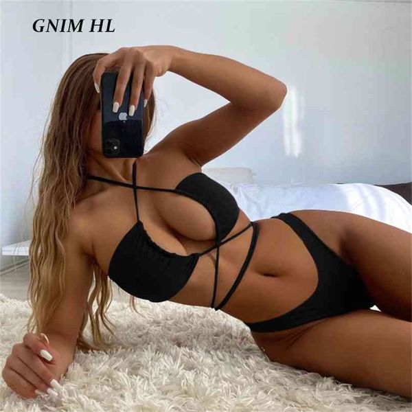

gnim drawstring bandage bikini set swimwear women 2 pieces solid swimsuit female halter beach wear bathing suit 210722, White;black