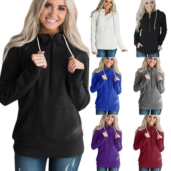 

women's hoodies & sweatshirts s-3xl women autumn winter hoodie long sleeve blouse pure color zipper pullover, Black