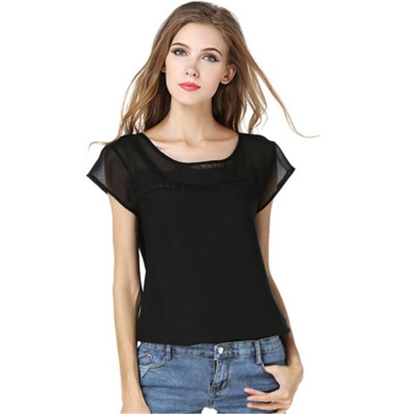 

women's blouses & shirts thin skinny short sleeved chiffon perspective stitching shirt solid, White