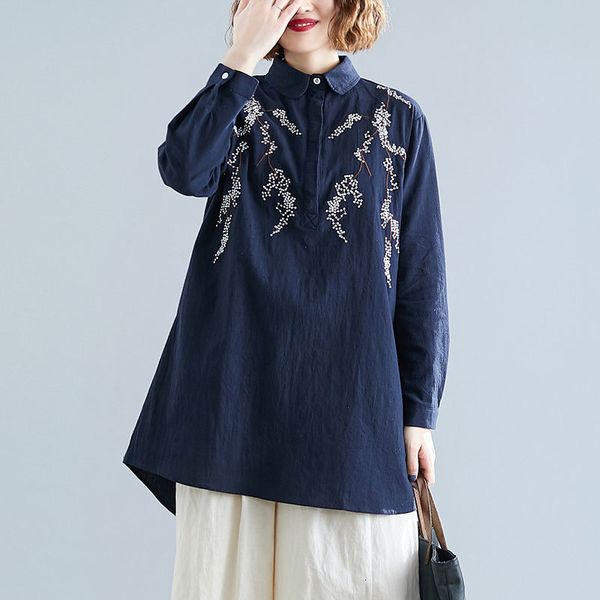 

women's blouses & shirts spring autumn arts style women long sleeve loose floral embroidery vintage cotton linen blouse plus size, White