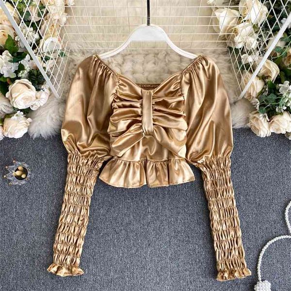 

women autumn blouse court-style pleated sleeve slim-fit short puff satin shirt fashion female blusa gk544 210507, White