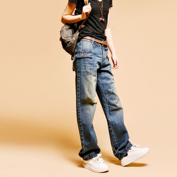

women's jeans calÃ§a jeans retrÃ´ de cintura alta feminina, calÃ§a larga, com bolso costurado, estilo rua, para primavera, r5ub, Blue