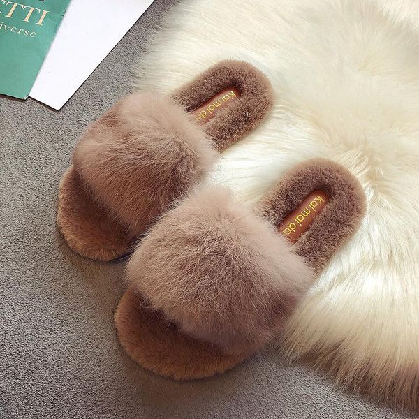 

fashion women slippers furry fur slides home flip flops fluffy plush house shoes female winter warm mtx72, Black