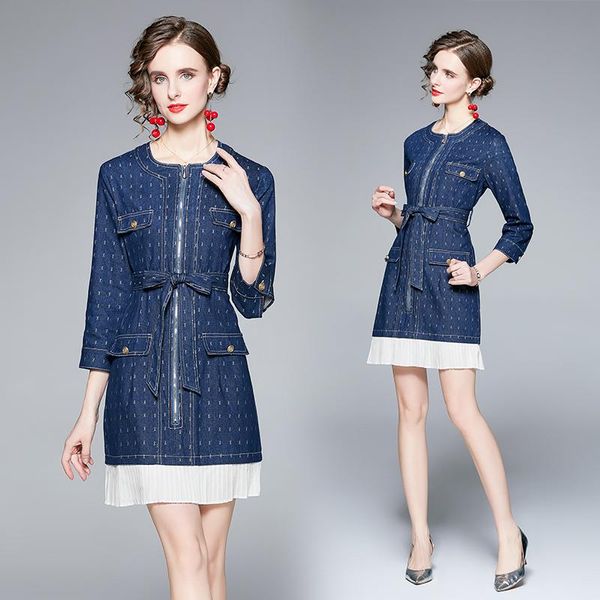 

casual dresses vintage white ruffles patchwork denim zipper dress for women o-neck high waist belt mini female 2021, Black;gray