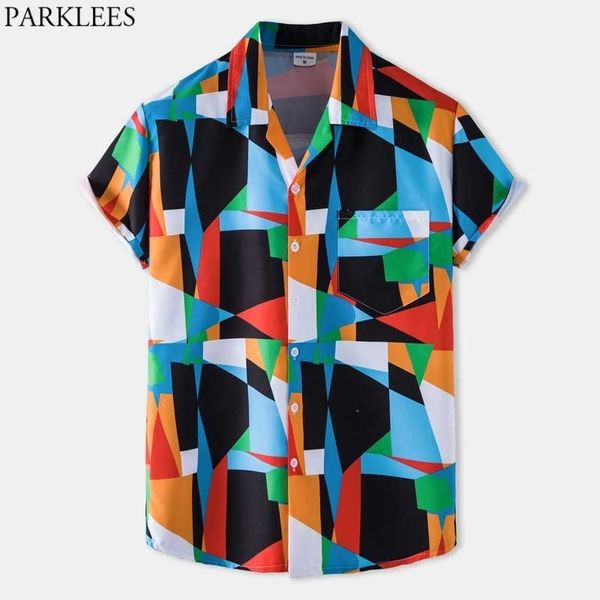 

fashion geometric pattern print mens hawaiian shirt short sleeve casual button down tropical aloha shirt holiday party clothing 210522, White;black