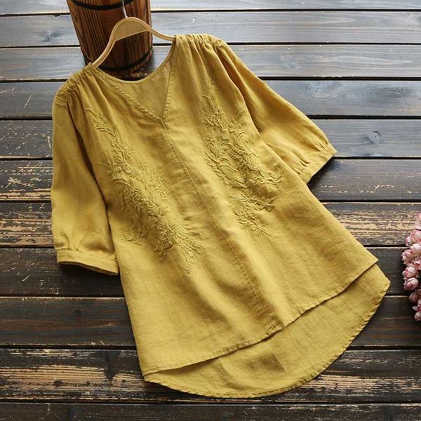 

v-neck summer casual short sleeve solid color embroidery loose 3 color shirts 210601, White