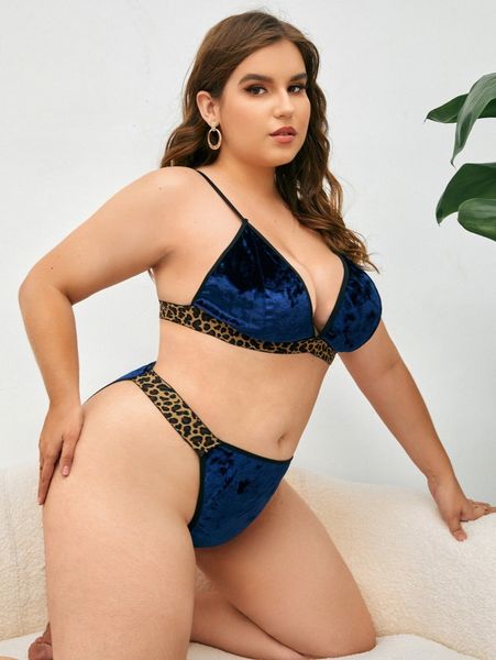 

plus leopard tape velvet lingerie set q4ej#, Black;white
